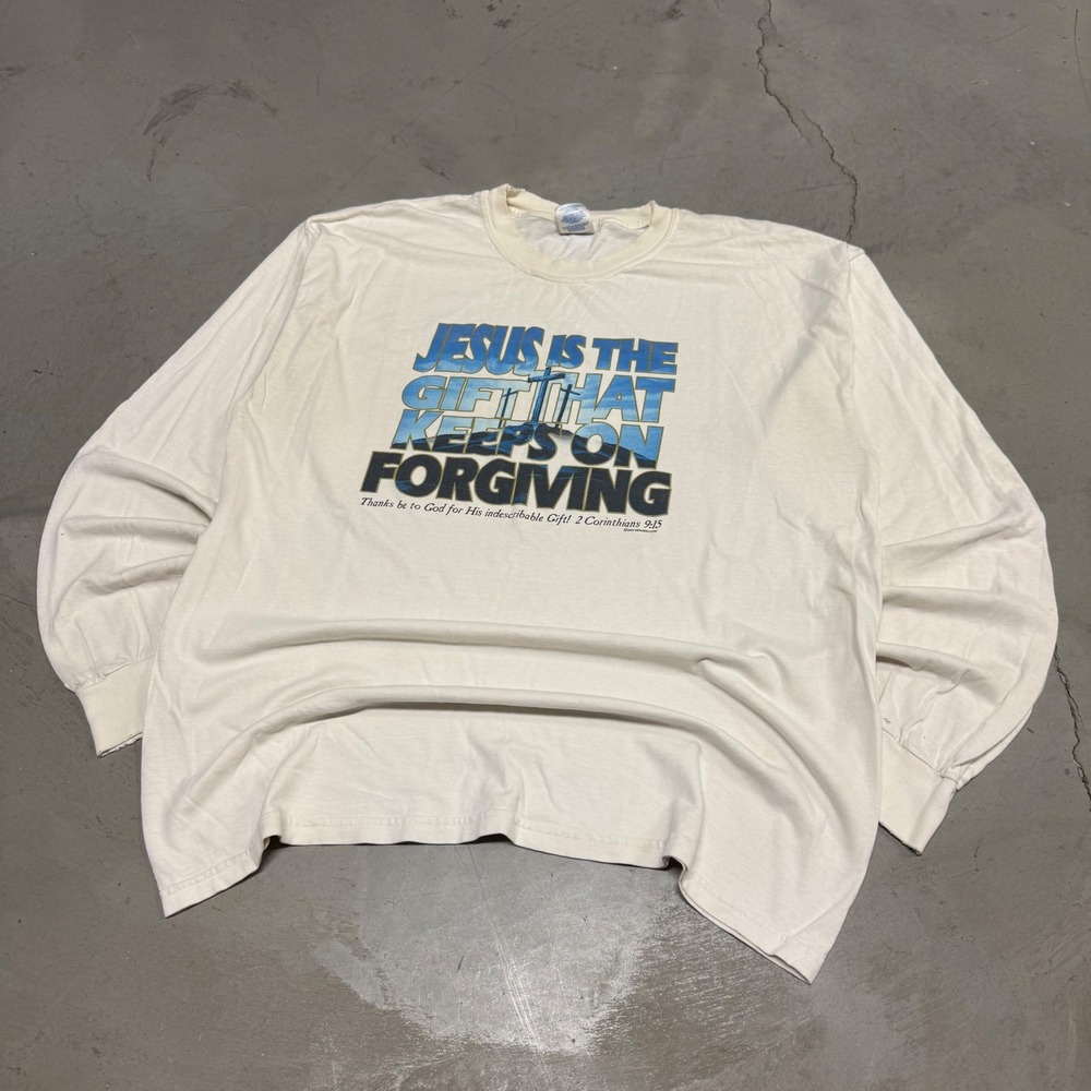Vintage Jerzees Jesus Is The Gift Long Sleeve Shirt Mens XL Cream Christian Tee
